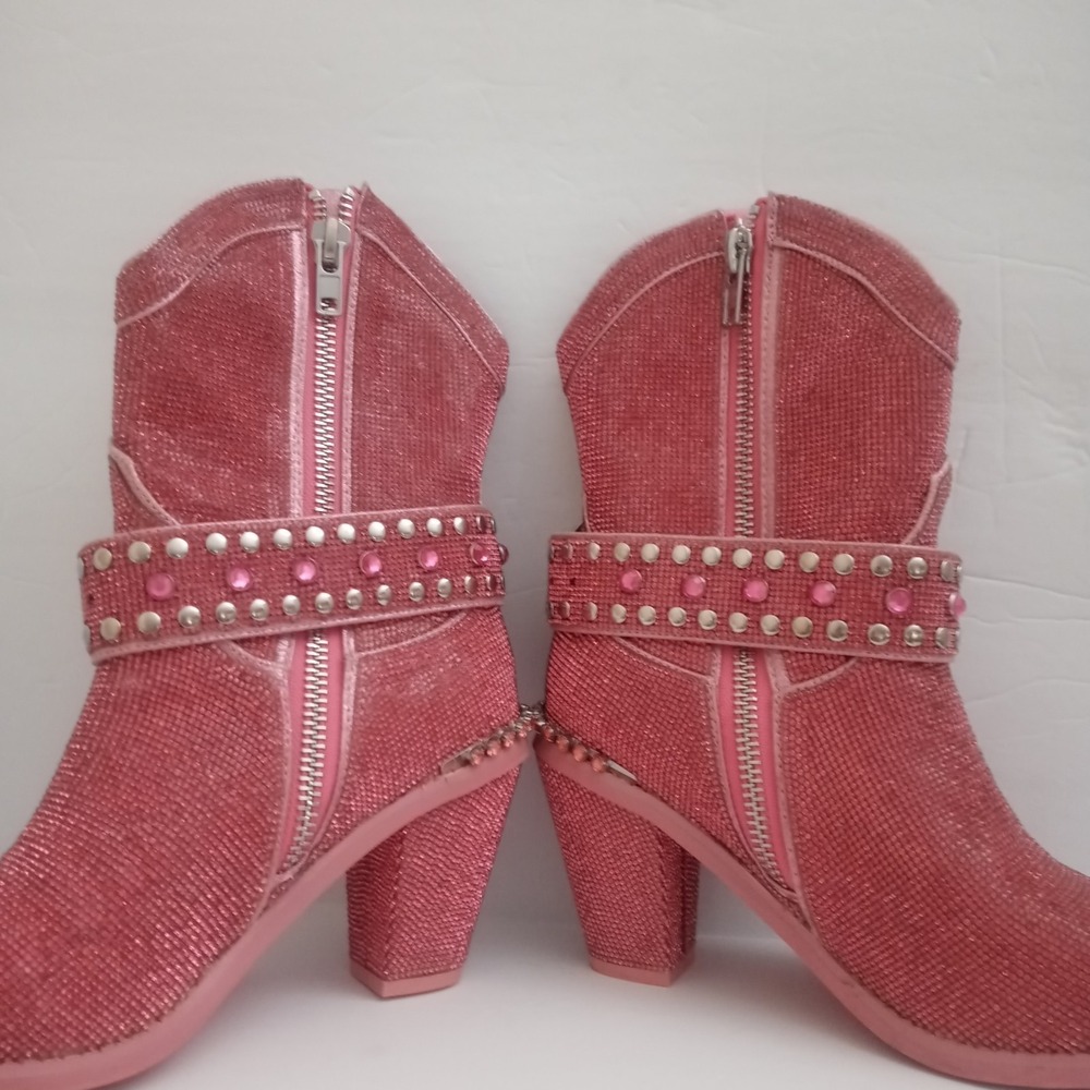 Dolls Kill sz 10M Pink Sharp Sheriff Shine Cowboy Boots ankle bootie Rhinestones - Picture 9 of 13